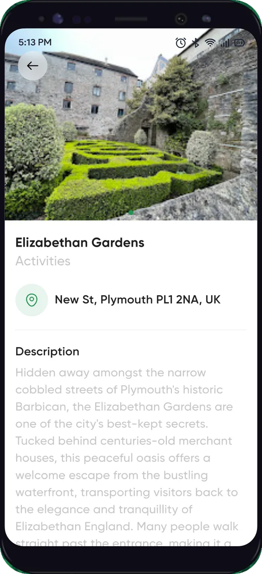 Discover Plymouth app - Elizabethan Gardens activity detail page