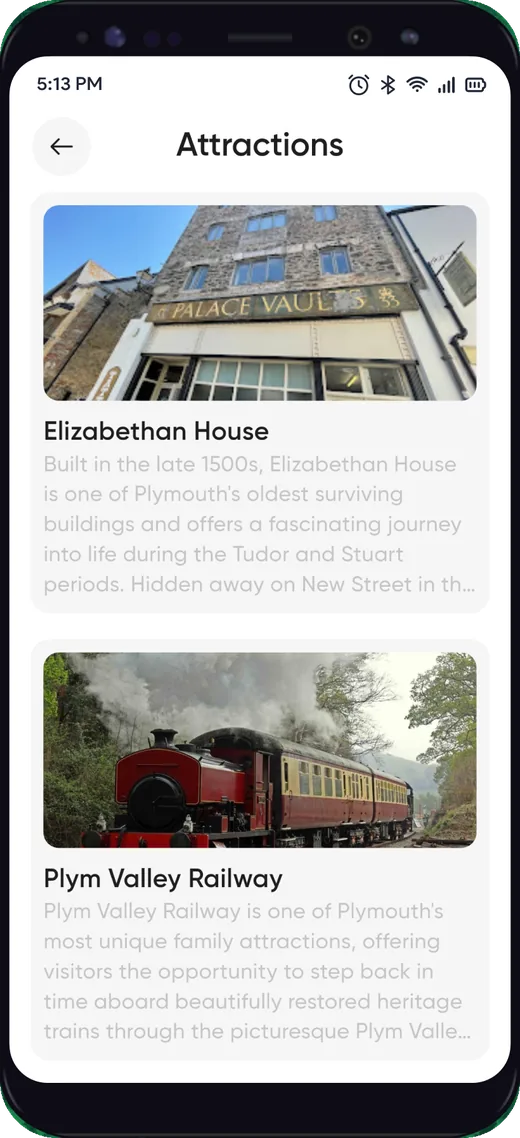 Attractions list in the Discover Plymouth app showing Elizabethan House and Plym Valley Railway