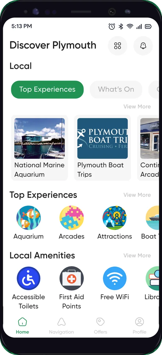 Discover Plymouth app home screen showing Top Experiences and Local Amenities