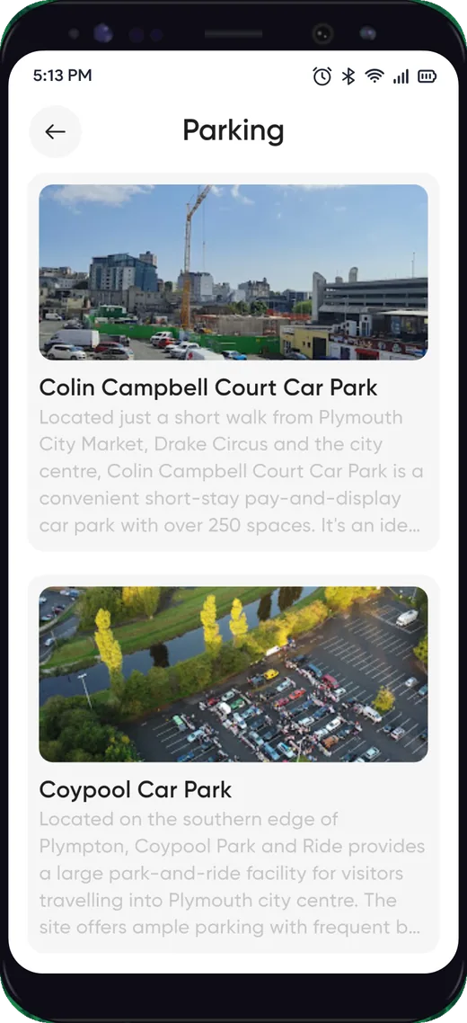 Parking guide in the Discover Plymouth app showing city car parks and park and ride